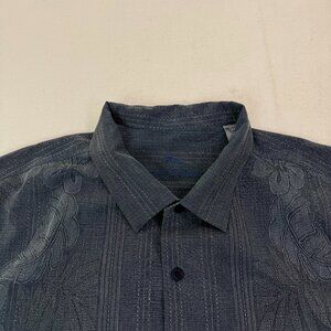 Tommy Bahama Mens 100% Silk Navy Dark Blue Floral Striped Down Shirt Size XXL